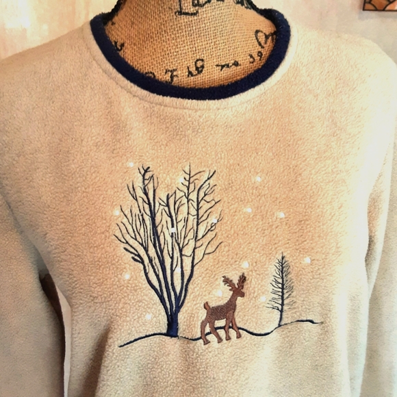 Fleece Pullover Stylish Winter Deer Tan with Navy Trim Sz S - Picture 3 of 8